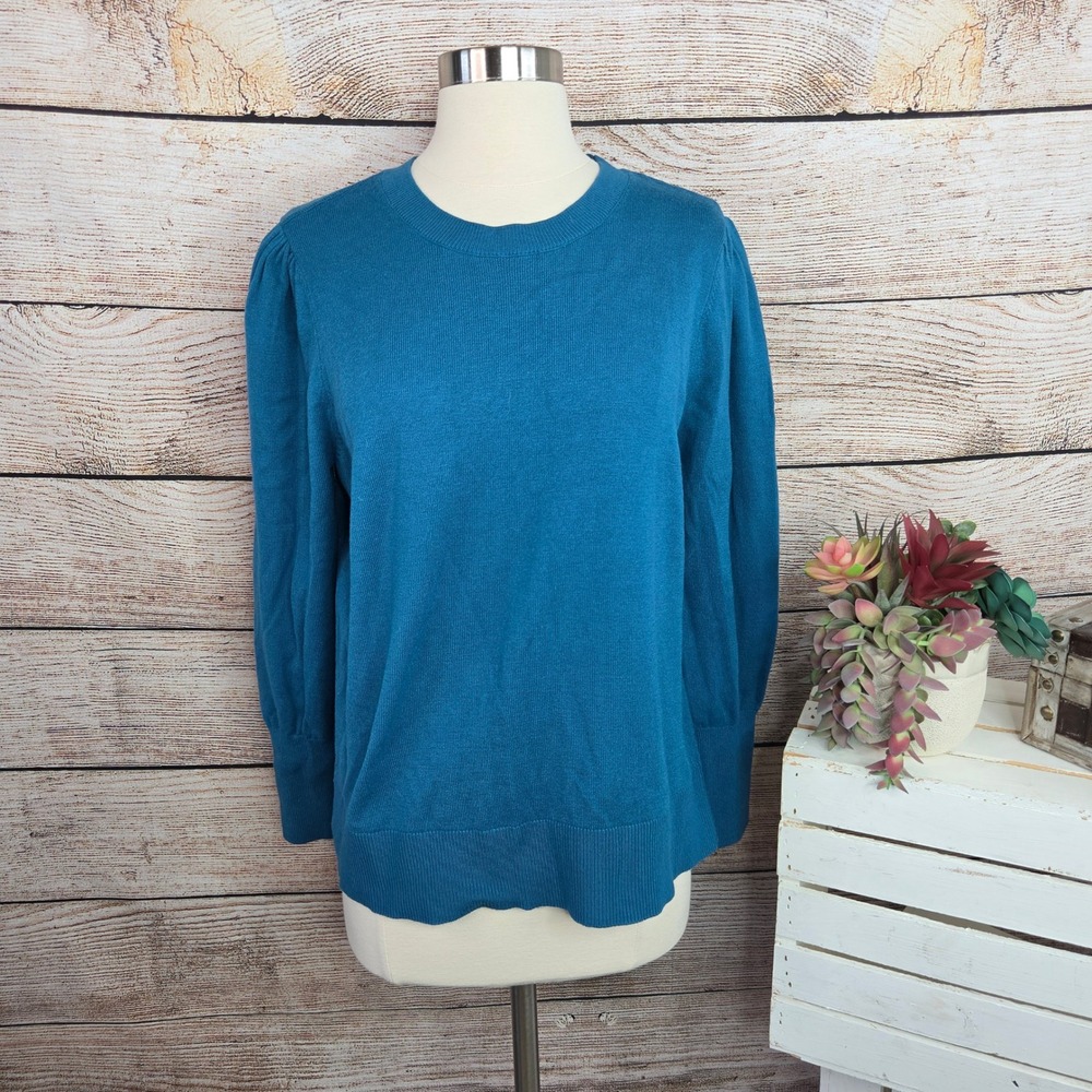 LOFT Womens XL Teal Blue Puff Shoulder Crew Neck Long Sleeve Pullover‎ Sweater